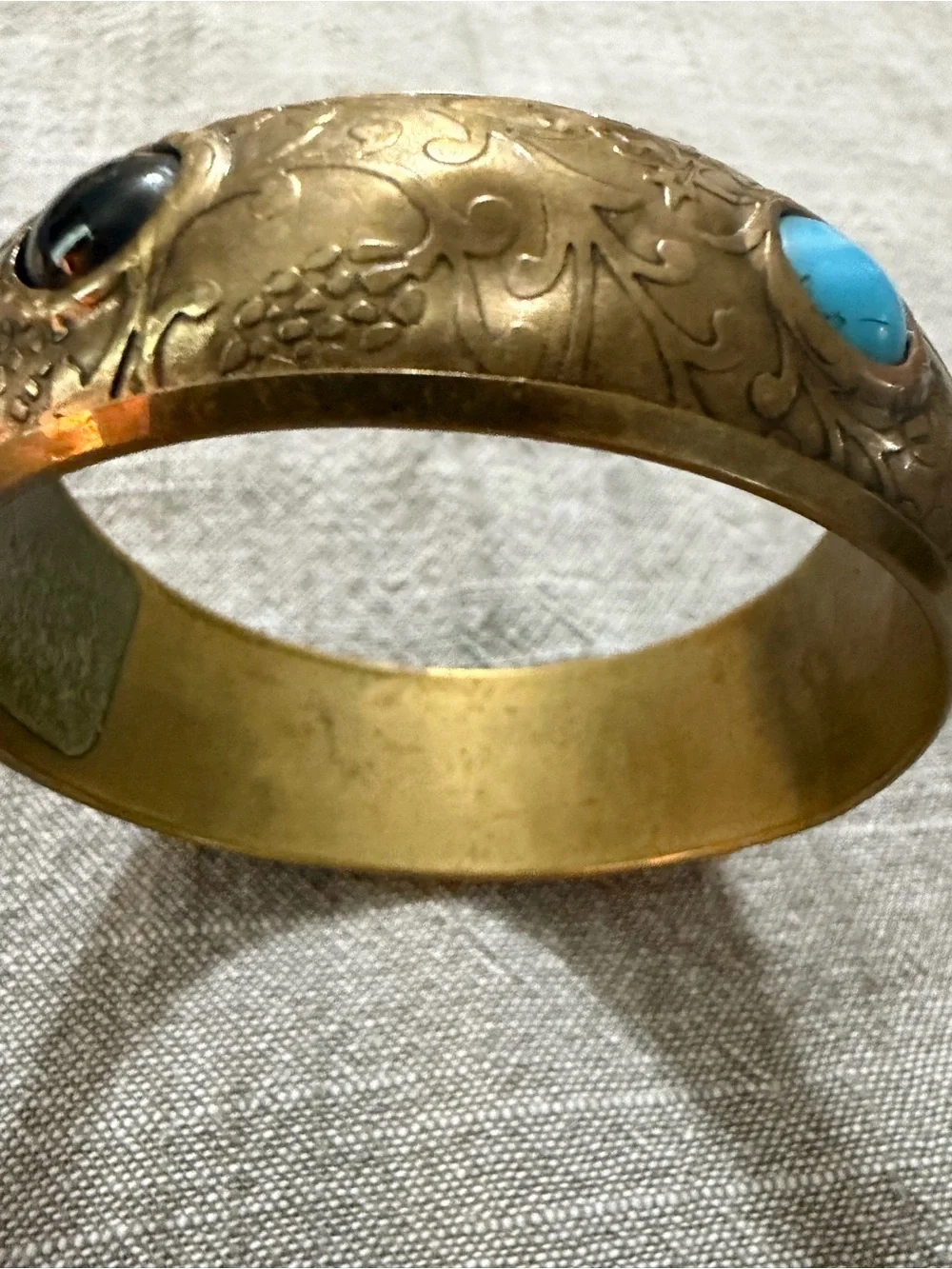 Vintage Brass Accent Bangle with Turquoise Inlay - Gold Finish